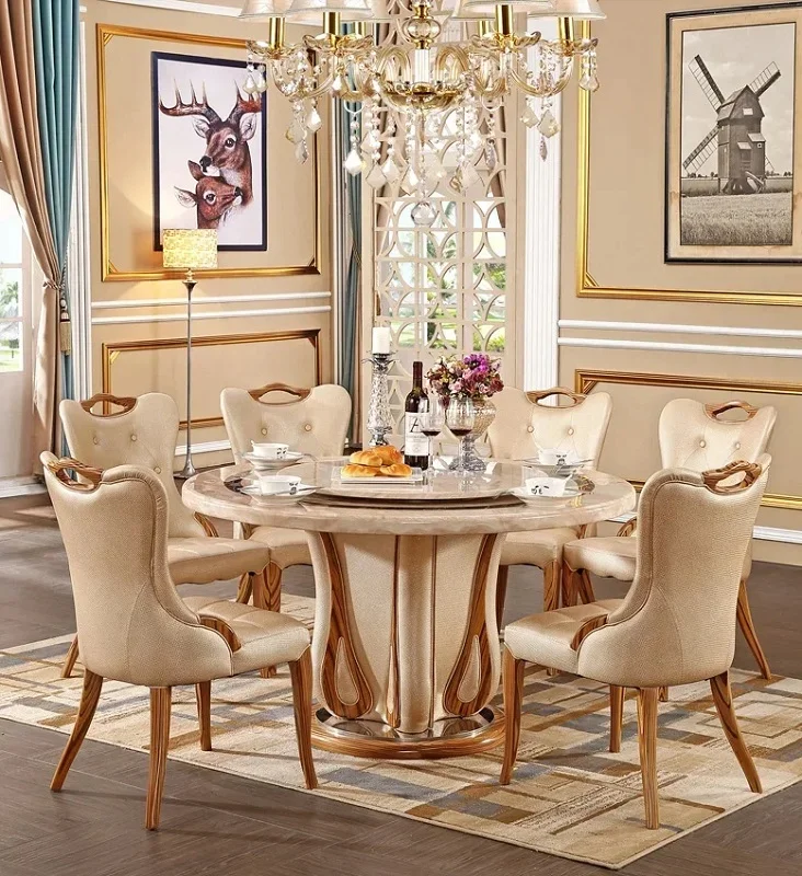 طاولة-طعام-رخامية-دائرية-مع-كراسي-كلاسيكية طاولة طعام رخامية دائرية مع كراسي كلاسيكية