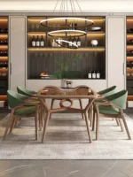 طاولة طعام خشبية بسطح زجاجي مع كراسي شيك - Image 2