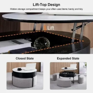 طاولة قهوة دائرية عصرية قابلة للرفع مع مساحة تخزين